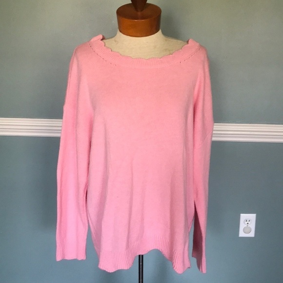 Talbots cotton blend soft pink scalloped edge sweater. XL preppy casual mature - Picture 1 of 7